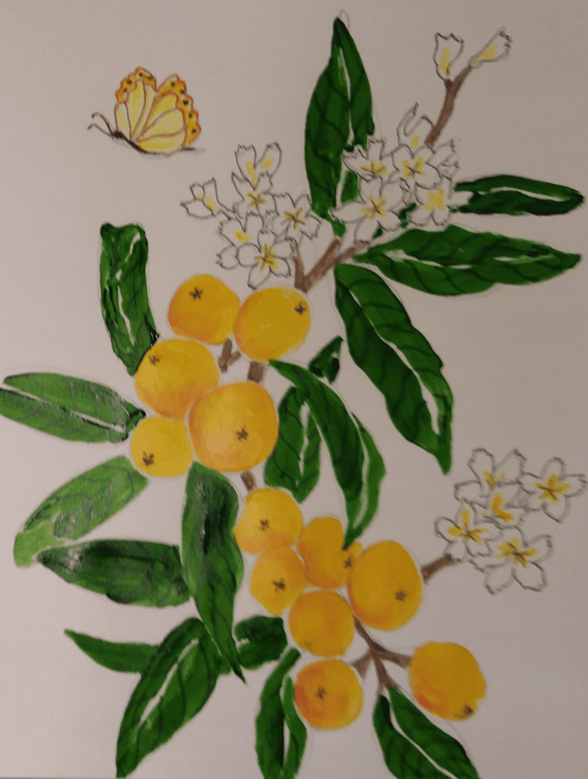 Andrea Hiotis' Loquat Fruit and Flowers with Butterfly artwork.